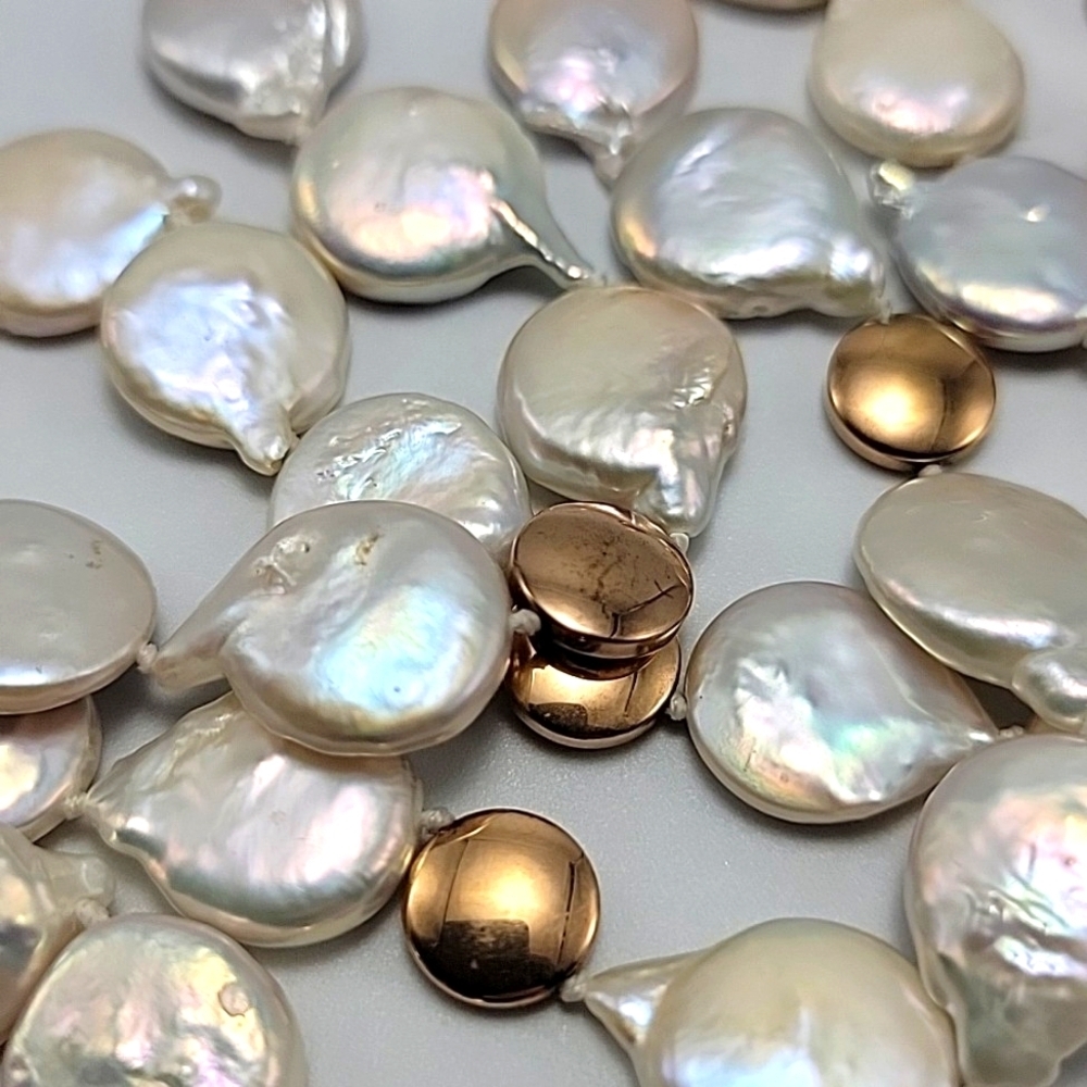 Lucas Lameth Fresh Water Coin Pearls 34" High Luster Gold  925 Sterling Necklace - Picture 7 of 9